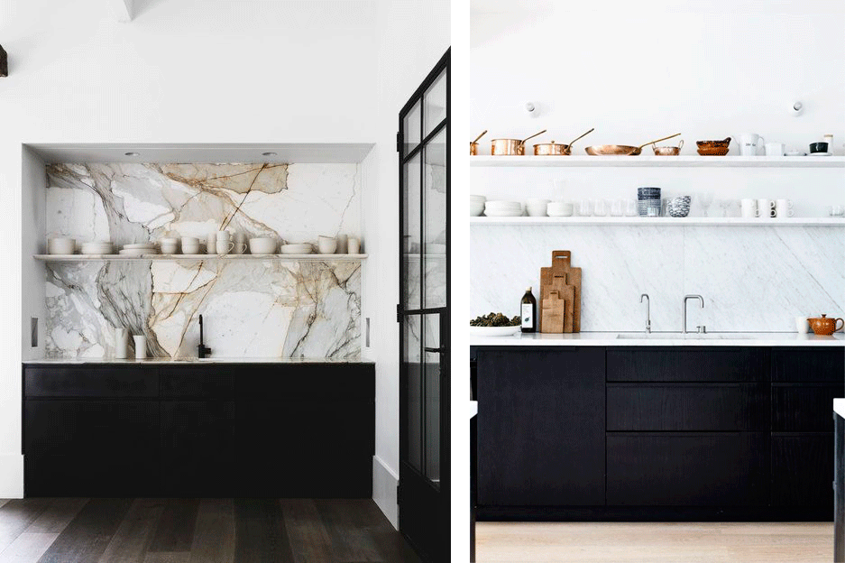 Example of balck kitchens with marble top