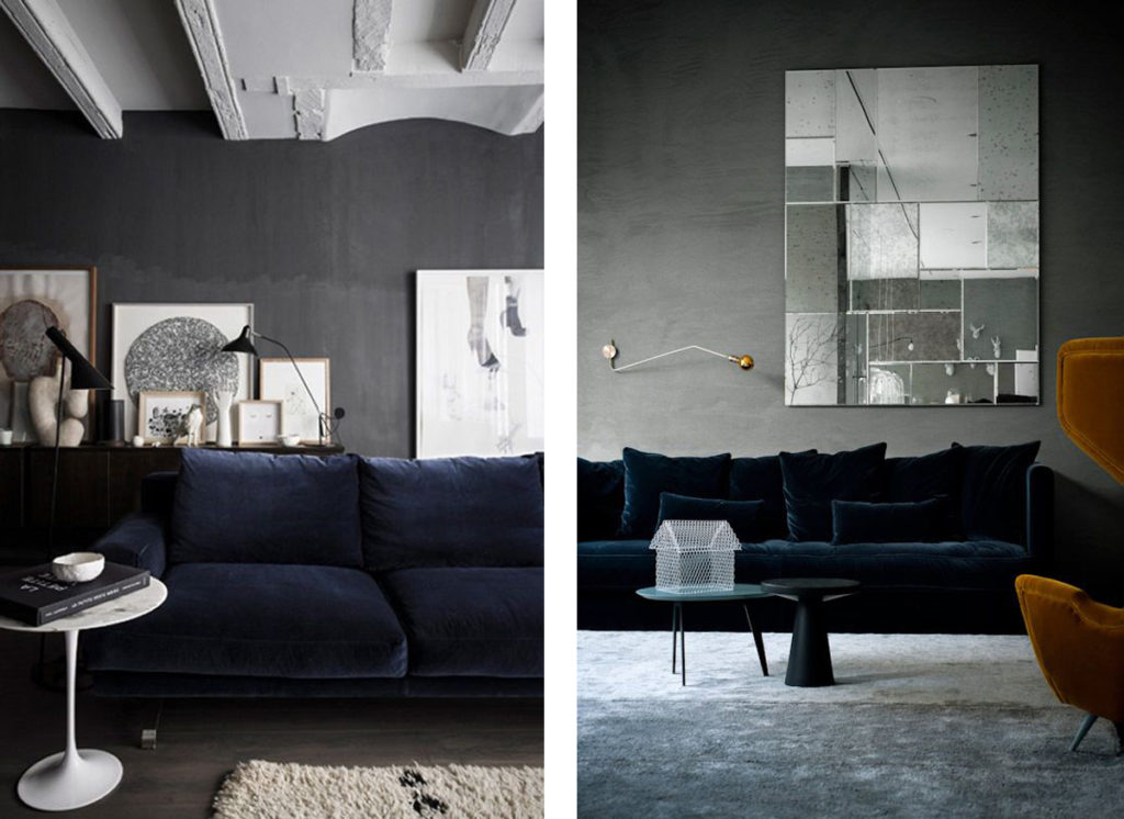 two exemples of how to style with a blue velvet sofa and grey wall